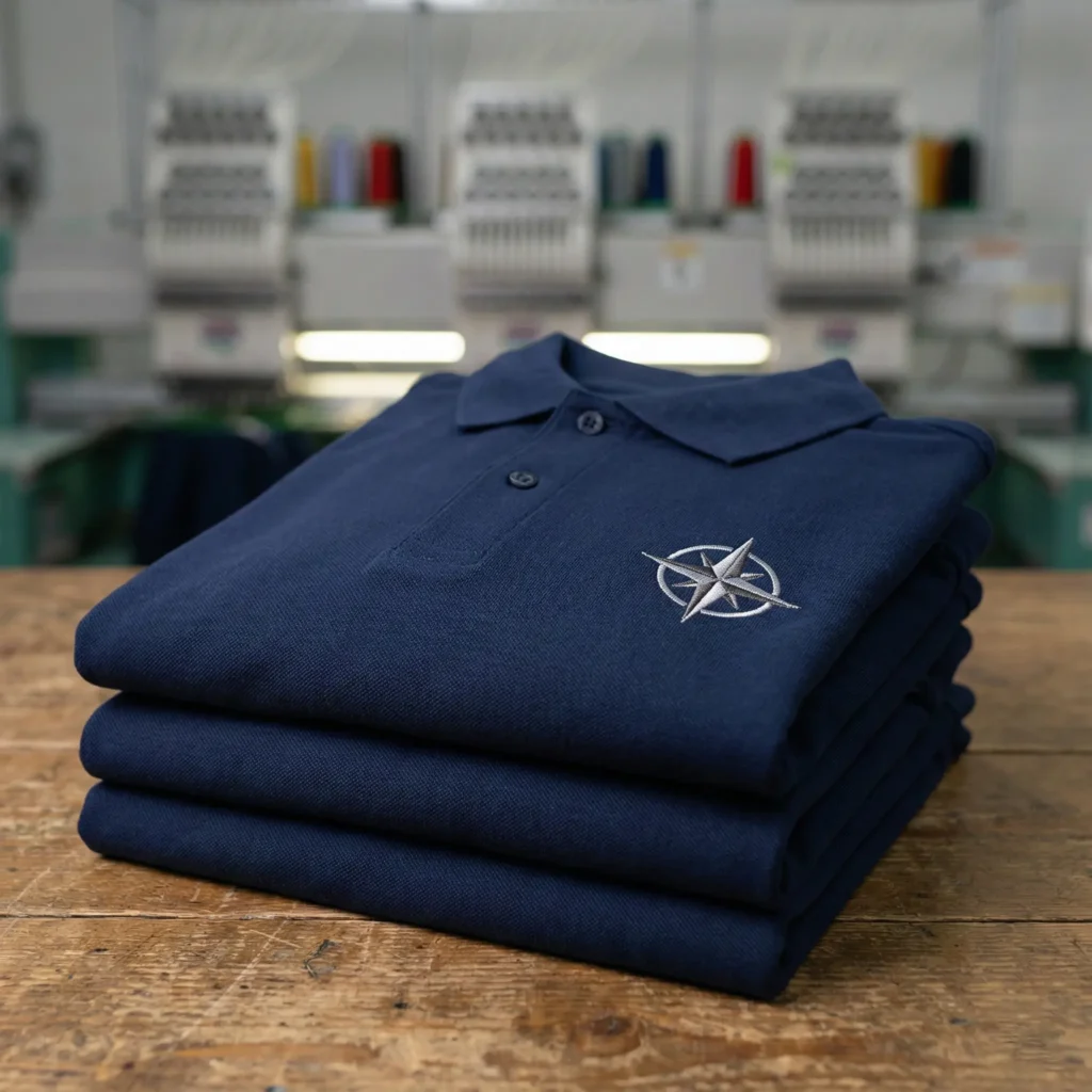 Close-up of embroidered polo shirt showing logo quality by Signature Uniform