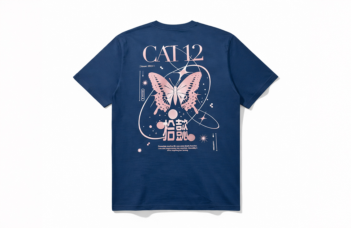 教會印T Shirt客戶案例｜藏青色圓領Tee，後背彩色Logo，數碼打印，平鋪正面成品照