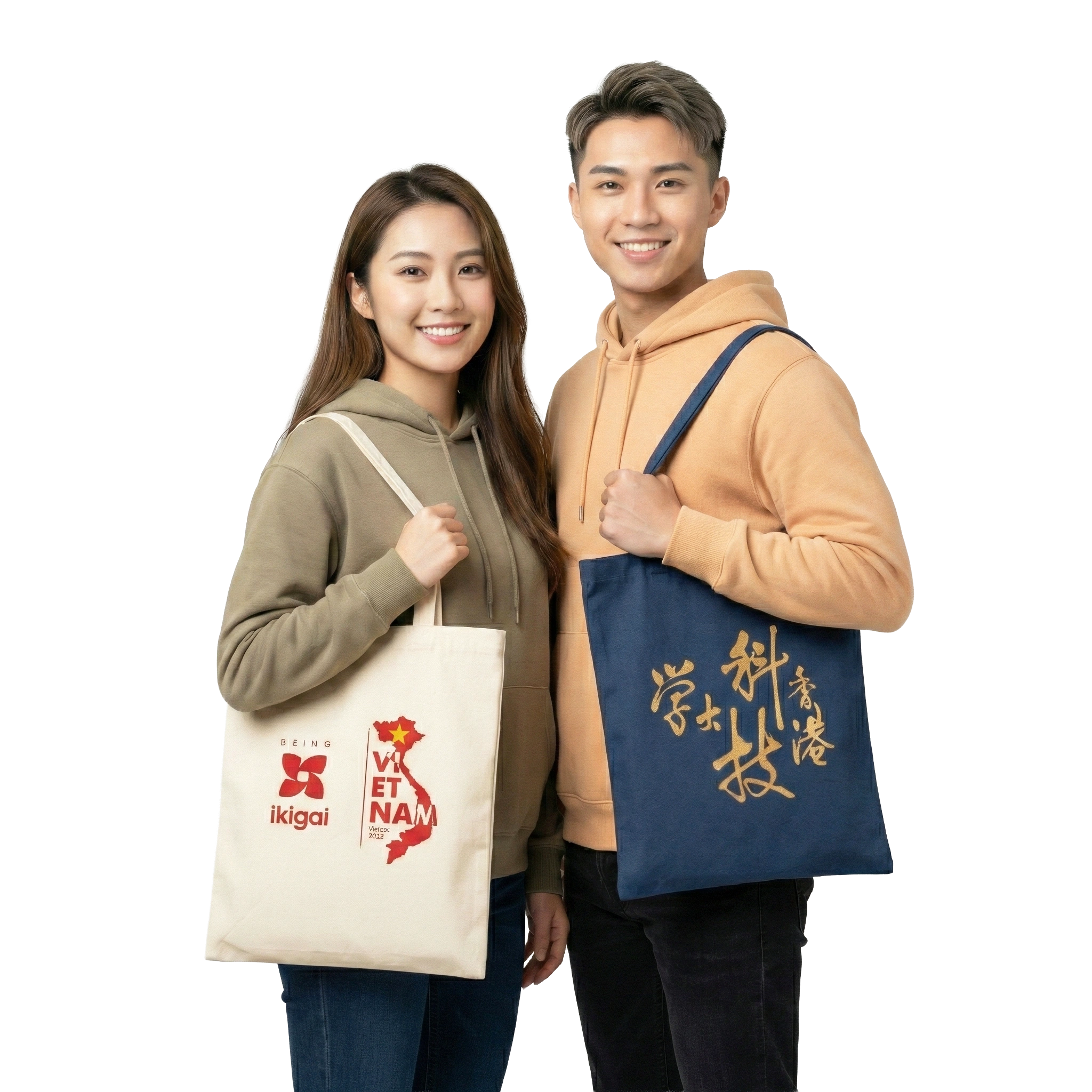 香港訂製 Tote bag 手提袋封面圖片｜男女模特展示米白帆布袋「ikigai Vietnam」及深藍帆布袋金色書法印刷設計